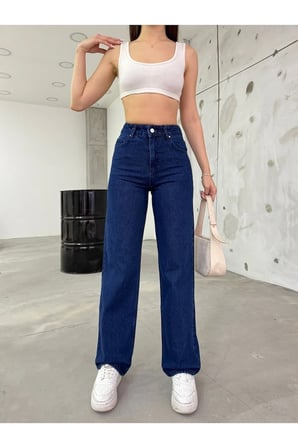 Leo Lacivert Power Likralı Süper Yüksek Bel Salaş Jeans Palazzo Pantolon