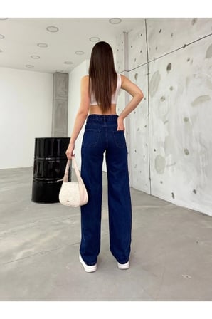 Leo Lacivert Power Likralı Süper Yüksek Bel Salaş Jeans Palazzo Pantolon