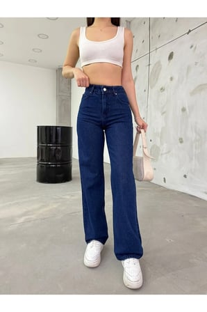 Leo Lacivert Power Likralı Süper Yüksek Bel Salaş Jeans Palazzo Pantolon