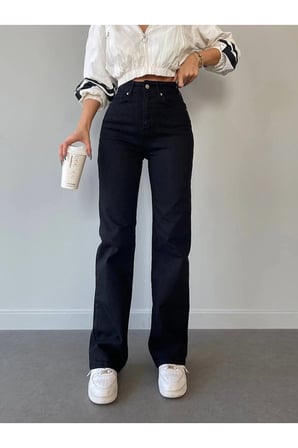 Candy Siyah Yüksek Bel Salaş Pantolon, Geniş Paça Pantolon, Bol Paça Pantalon Yıkamalı Palazzo Jeans