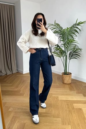 Likralı Kadın Lacivert Süper Yüksek Bel Salaş Paça Denim Kot Palazzo Pantolon