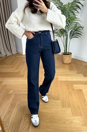 Likralı Kadın Lacivert Süper Yüksek Bel Salaş Paça Denim Kot Palazzo Pantolon