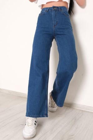Yüksek Bel Bol Paça Jean Palazzo Pantolon Kot Kadın Mavi - 6803.118