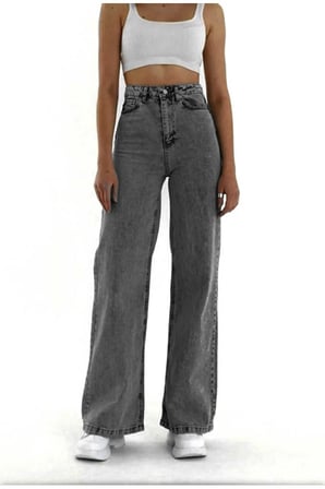 Milan'o Jean Gri Likralı Süper Yüksek Bel Salaş Jeans Palazzo Pantolon Wide Leg Solmaz Jean