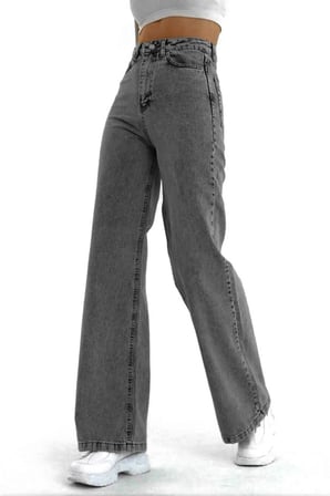 Milan'o Jean Gri Likralı Süper Yüksek Bel Salaş Jeans Palazzo Pantolon Wide Leg Solmaz Jean