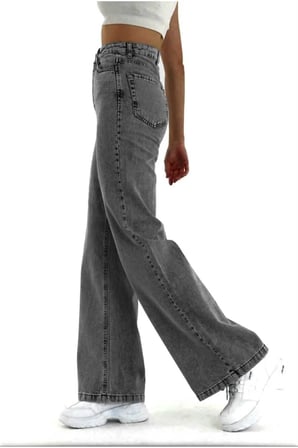 Milan'o Jean Gri Likralı Süper Yüksek Bel Salaş Jeans Palazzo Pantolon Wide Leg Solmaz Jean