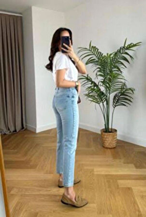  Kadın Kar Yıkama Yüksek Bel Likralı Mom Jeans Pantolon