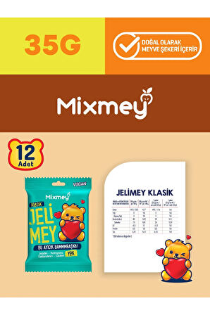 Mixmey Jelimey Klasik 12 Adet X 35 gr | Jelatinsiz Doğal Klasik Lezzet Gummy Bear | Ayıcık