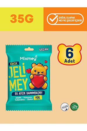 Jelimey Klasik 6 Adet x 35 gr | Jelatinsiz Doğal Klasik Lezzet Gummy Bear | Ayıcık