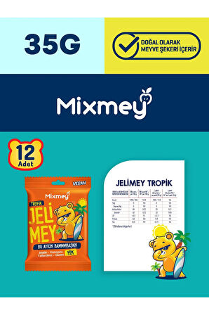 Mixmey Jelimey Tropik 12 Adet X 35 gr | Jelatinsiz Doğal Tropik Lezzet Gummy Bear | Ayıcık