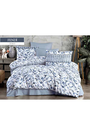 Indigo Mavi & Çiçek Desenli Çift Kişilik Nevresim Takımı - Konforlu & Şık Hediyelik Set