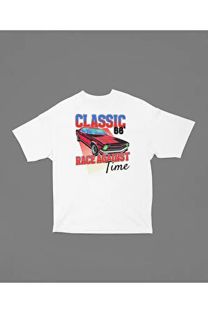 Classiic 66 Racce Agaiinst Time Baskılı Uniseex Tişört, Oversize Araba Tişört