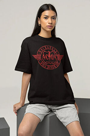 Rock & Roll Will Never Die Baskılı Unisex Tişört, Oversize AC DC 1973 Müzik Grubu Tişört