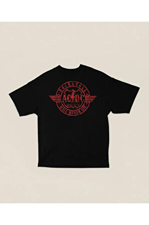 Rock & Roll Will Never Die Baskılı Unisex Tişört, Oversize AC DC 1973 Müzik Grubu Tişört