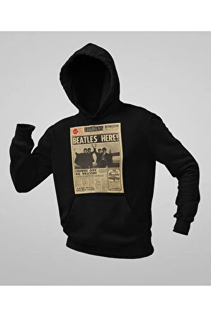 Beatles Here ! Gazete Temalı Unisex Oversize The Beatles Müzik Grubu Hoodie