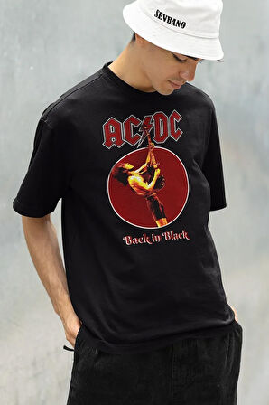 AC DC Back In Black Baskılı Unisex Oversize Rock Metal Tişört
