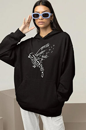 Tasarım Nota Kuş Baskılı Unisex Oversize Hoodie