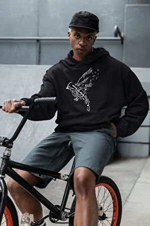 Tasarım Nota Kuş Baskılı Unisex Oversize Hoodie