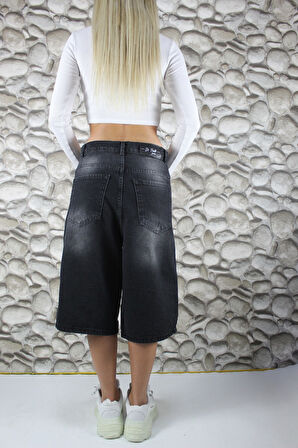 Siyah Yıkamalı Unisex Baggy Oversize Kalıp Kot Şort