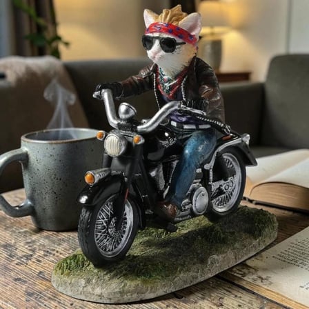 Dekoratif Motorsikletli Kedi Figürü Veronese Biblo – Eğlenceli Tema Şık Salon Dekoru Poliresin Dekoratif Obje 14x7x12 cm