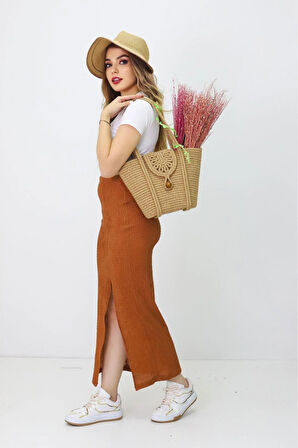 Jutty Kadın Hasır Örgü El ve Omuz Çantası - Doğal Görünümlü Günlük Çanta