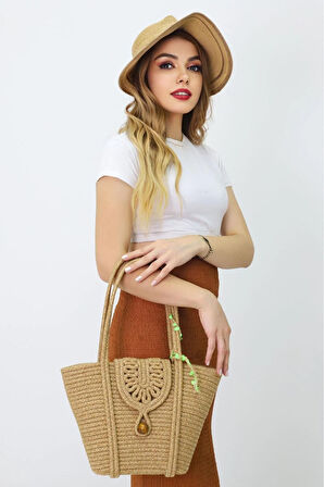Jutty Kadın Hasır Örgü El ve Omuz Çantası - Doğal Görünümlü Günlük Çanta