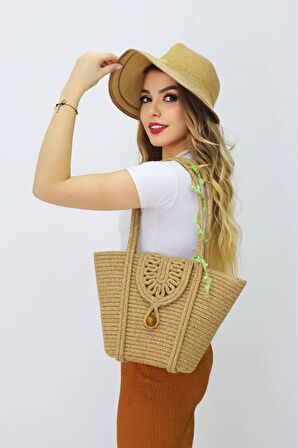 Jutty Kadın Hasır Örgü El ve Omuz Çantası - Doğal Görünümlü Günlük Çanta