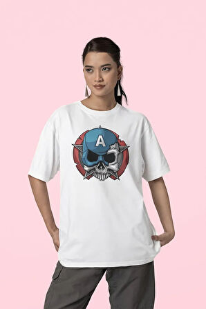 Kuru Kafa Kaptan Amerika Baskılı Unisex Oversize Anime Tişört