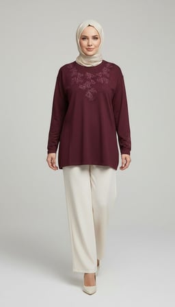 Ece Giyim Tesettür Bluz Bordo 3XL İşlemeli