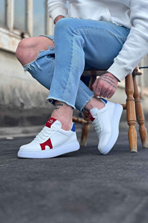 J040 Bağcıklı Ortopedik Taban Erkek Sneaker Günlük Ayakkabı BT Beyaz/Kırmızı
