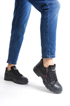 ANASTASIA Bağcıklı Fermuarlı Ortopedik Taban Cilt Kadın Sneaker Ayakkabı ST Siyah