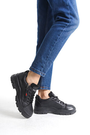 ANASTASIA Bağcıklı Fermuarlı Ortopedik Taban Cilt Kadın Sneaker Ayakkabı ST Siyah