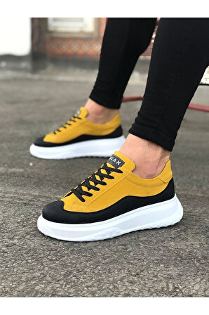 J507 Bağcıklı Ortopedik Taban Erkek Sneaker Günlük Ayakkabı BT Sarı/Siyah