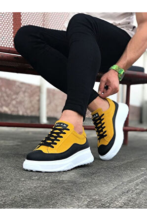 J507 Bağcıklı Ortopedik Taban Erkek Sneaker Günlük Ayakkabı BT Sarı/Siyah