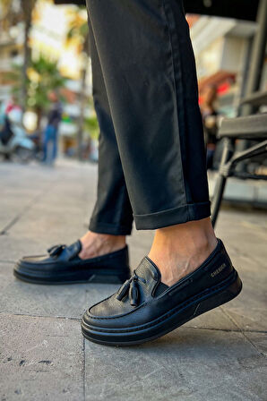 J127 Loafer-X Ortopedik Taban Günlük Cilt Püsküllü Erkek Klasik Ayakkabı CST Siyah