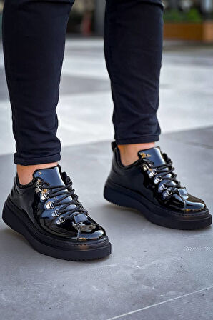 J-X4 Bağcıklı Ortopedik Taban Günlük Rugan Erkek Spor Sneaker Ayakkabı ST Siyah