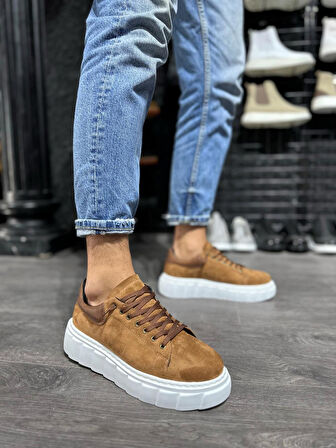 J144 Bağcıklı Ortopedik Taban Erkek Günlük Süet Sneaker Spor Ayakkabı BT Taba
