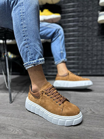 J144 Bağcıklı Ortopedik Taban Erkek Günlük Süet Sneaker Spor Ayakkabı BT Taba