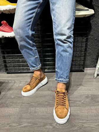 J144 Bağcıklı Ortopedik Taban Erkek Günlük Süet Sneaker Spor Ayakkabı BT Taba