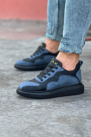 J301 Bağcıklı Ortopedik Taban Erkek Sneaker Günlük Ayakkabı ST Siyah/Mavi