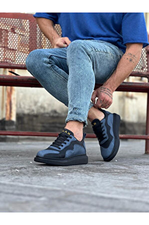 J301 Bağcıklı Ortopedik Taban Erkek Sneaker Günlük Ayakkabı ST Siyah/Mavi