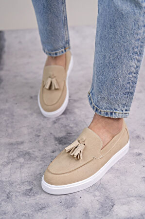 J153 Bloom Bağcıksız Püsküllü Süet Erkek Günlük Spor Klasik Ayakkabı SBT - Krem