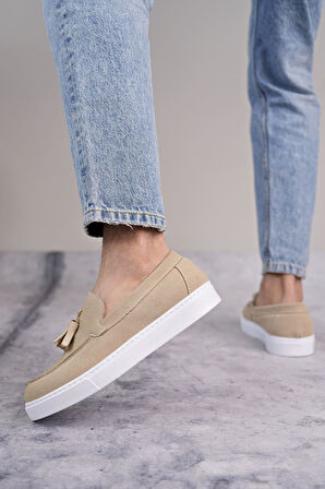 J153 Bloom Bağcıksız Püsküllü Süet Erkek Günlük Spor Klasik Ayakkabı SBT - Krem