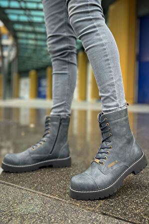 J009 Military Bağcıklı Fermuarlı Ortopedik Taban Günlük Cilt Erkek Postal Bot CST Antrasit