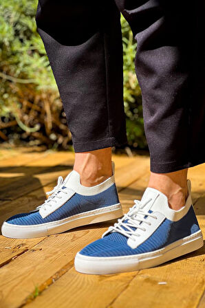 J110 Bağcıklı Ortopedik Taban Triko Erkek Spor Sneaker Ayakkabı BT Mavi