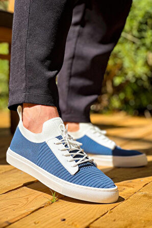 J110 Bağcıklı Ortopedik Taban Triko Erkek Spor Sneaker Ayakkabı BT Mavi