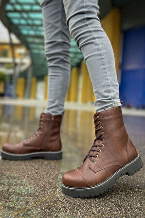 J009 Military Bağcıklı Fermuarlı Ortopedik Taban Günlük Cilt Erkek Postal Bot CST Kahverengi