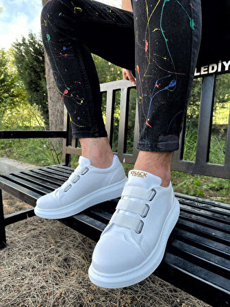 J889 Bağcıksız Lastikli 3 Bantlı Ortopedik Taban Günlük Erkek Spor Sneaker Ayakkabı BT Beyaz