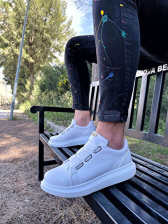 J889 Bağcıksız Lastikli 3 Bantlı Ortopedik Taban Günlük Erkek Spor Sneaker Ayakkabı BT Beyaz