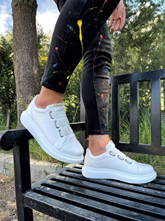 J889 Bağcıksız Lastikli 3 Bantlı Ortopedik Taban Günlük Erkek Spor Sneaker Ayakkabı BT Beyaz